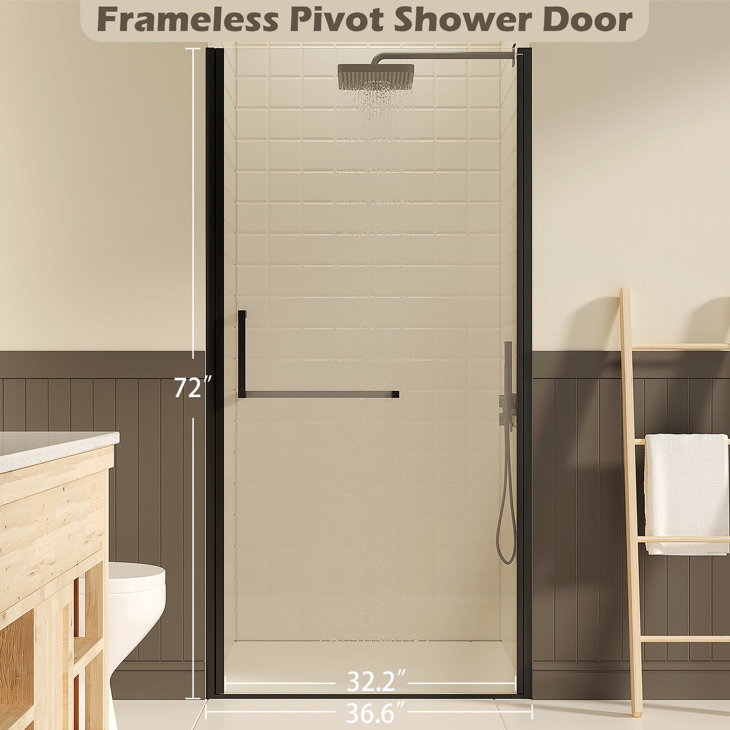 35-36 W  72 H Frameless Pivot Shower Door, Pivot Swing Shower Glass Doors With 0.25 6mm  SGCC Clear Tempered Glass,Explosion-Proof Film, Reversible Installation, Matte Black