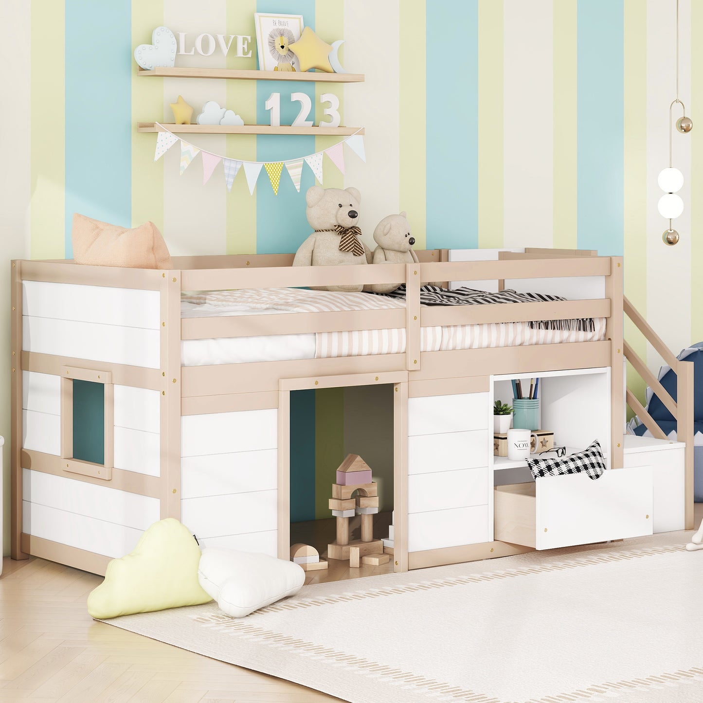 SOLID WOOD TWIN SIZE LOW LOFT BED WITH STAIR, DRAWER, AND SHELF FOR CREAM   WHITE COLOR