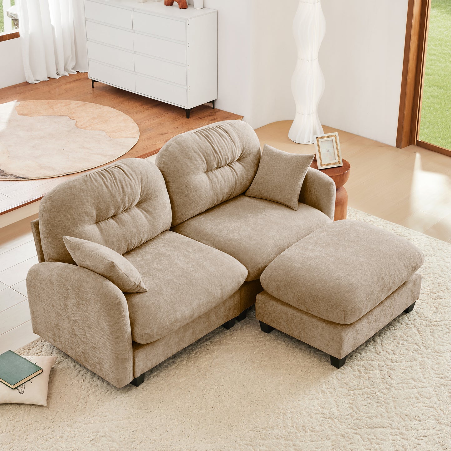Cloud Sectional L-Shaped Couch With Ottoman,Soft Chenille Fabric,Quilted Pleated Design  High-Density Foam,Fits Bedrooms Living Rooms Reading Nooks,Camel