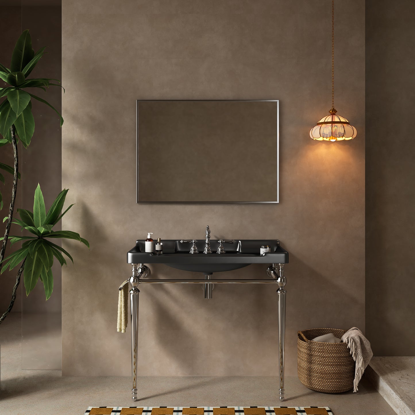 VICI 36 Bathroom Console Sink, Wall-Mounted Black Ceramic Vanity Basin With 3 Pre-drilled Faucet Holes, Freestanding Stainless Steel Support Legs With Towel Bar, No Faucet & Sink Cover, Chrome Color