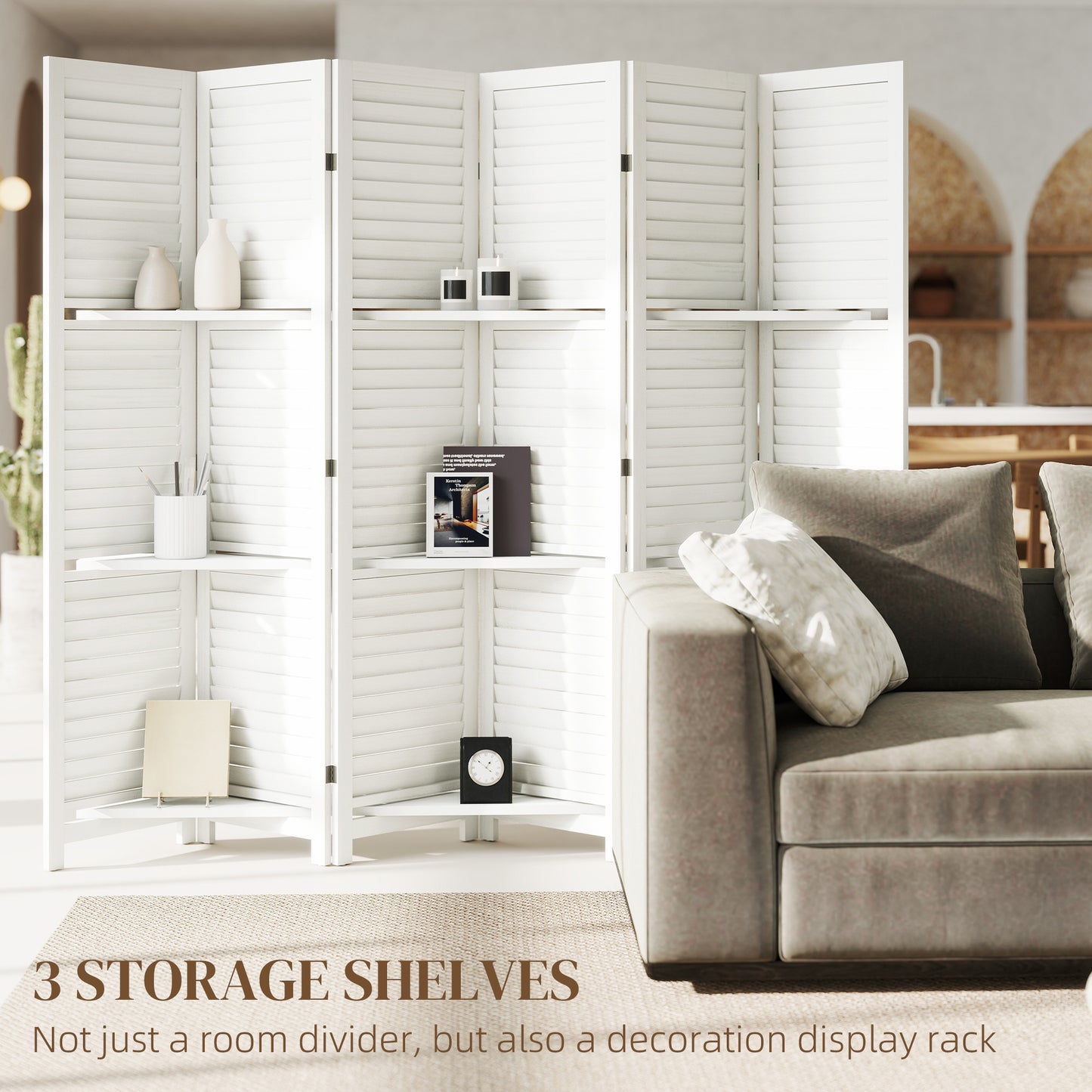6 Panel 67" Tall Wood Privacy Screen Room Divider With 3 Shelves And Folding Storage For Bedroom, White