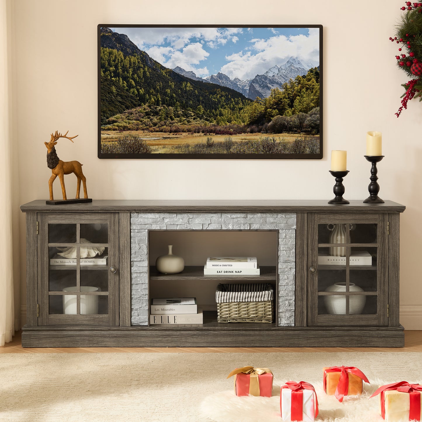 70  Modern TV Stand With 2-Door Storage, Faux Stone Media Console Cabinet, Grey Large Entertainment Center For Living Room