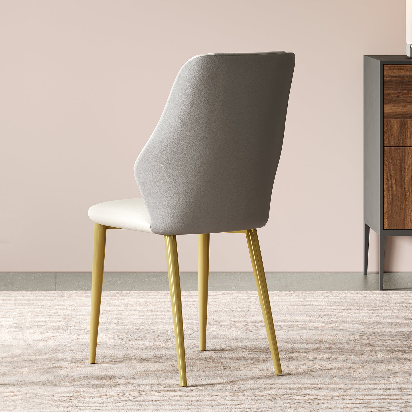 Set Of 2 Dining Chairs, High-quality PU Leather Seats, With Gold-plated Painted Carbon Steel Legs And Ergonomic Backrests, Suitable For Kitchen, Dining Room And Living Room  Miller White  Gray