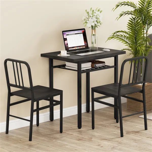 3-Piece Dining Table Set (Gray + Black), Space-Saving Tuck-under Chair Design