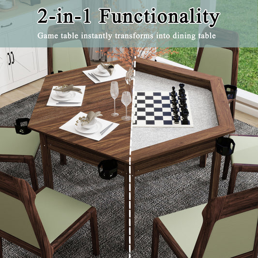 Board Game Table With Removable Table Top For 6 Players, Hexagon Gaming And Dining Table With Solid Wood Legs, Non-Slip Play Mat, Rotating Cup Holders-Rustic Brown