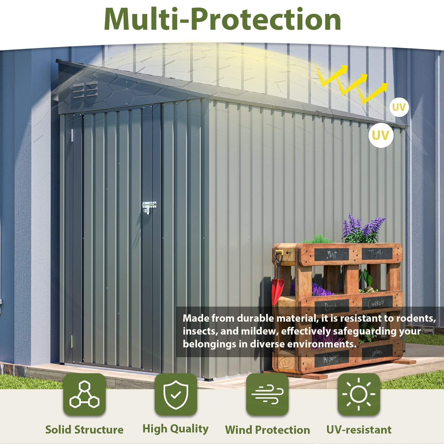 4x7 Foot Lean-To Shed In Olive Grey, Heavy-Duty Steel Outdoor Storage For Garden Tools & Bicycles, Maximize Your & Patio Space With All-Weather Protection