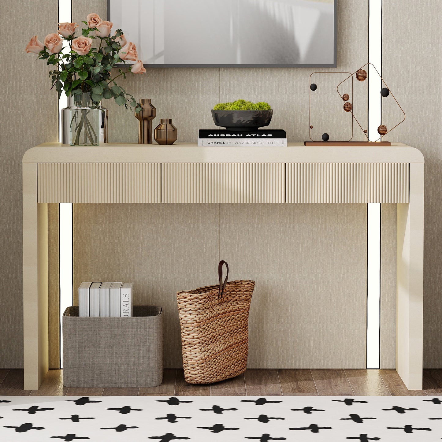 TREXM Rustic Console Table With 3 Fluted Drawers - Solid Wood Veneer Entryway Table Featuring Natural Wood Grain For Living Room  Hallway  Apricot