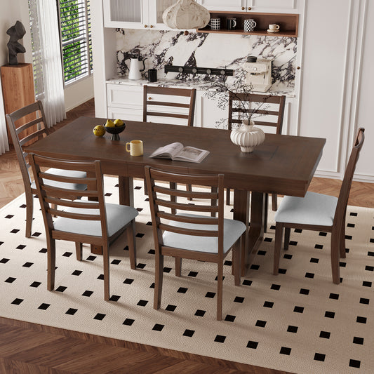 7-Piece Extendable Dining Table Set, Farmhouse Extendable Table With 18  Move Leaf, 78  Rustic Wooden Kitchen Table And 6 Piece Upholstered Chairs, Expanding Dining Room Table Set, Walnut  Beige