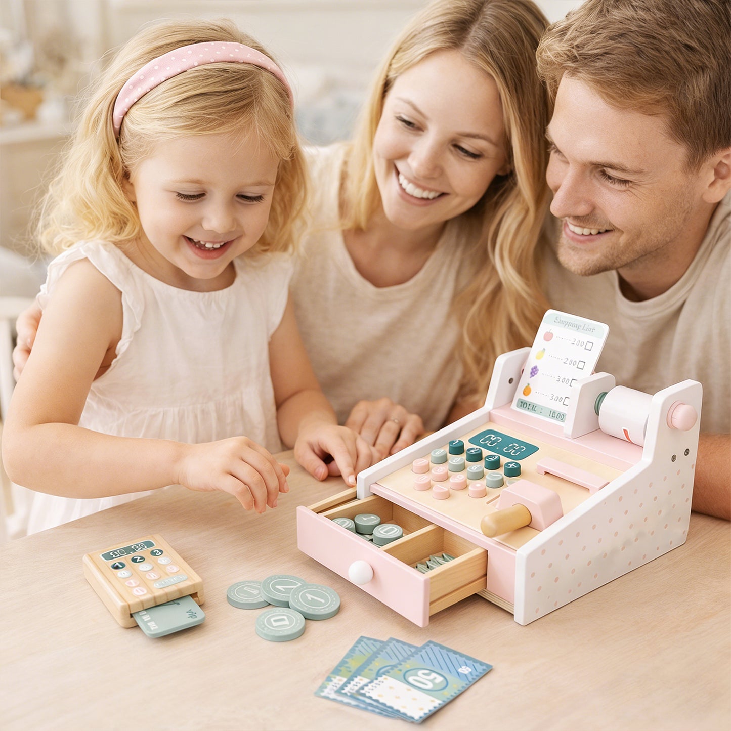 Wooden Toy Cash Register With Scanner Math Learning Role Play Cashier Game Set For Kids Pink