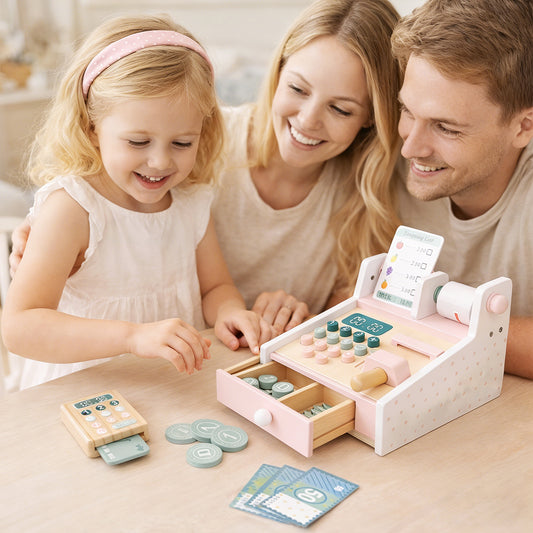 Wooden Toy Cash Register With Scanner Math Learning Role Play Cashier Game Set For Kids Pink