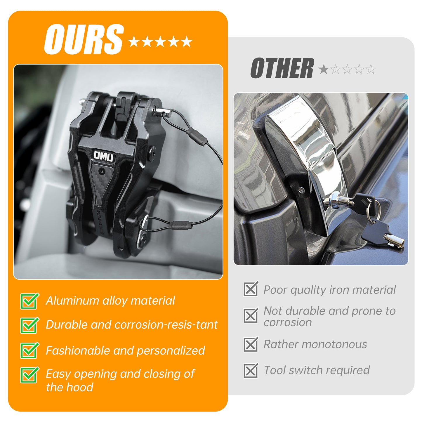OMU Genesis Series Hood Latch Lock Catch Compatible With 2007-2017 Je-ep Wrangler JK JKU, Aluminum Adjustable Hood Latches For Reducing Hood Shaking, 2 Pcs