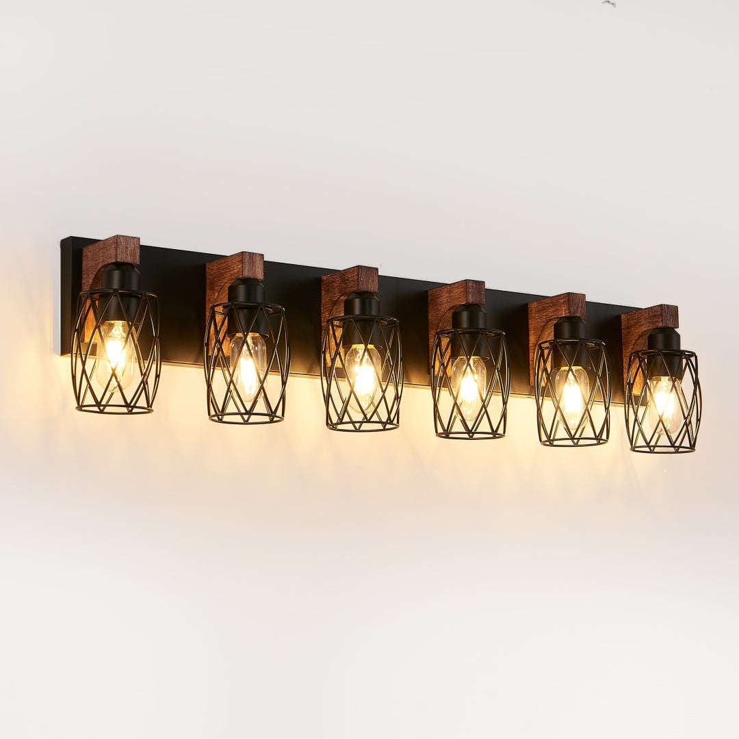 38  Industrial Vintage 6-Light Wall Sconce - Black Cage Wall Lighting Fixture With Wooden Accents For Bathroom, Hallway, Or Living Room Bulb Not Included