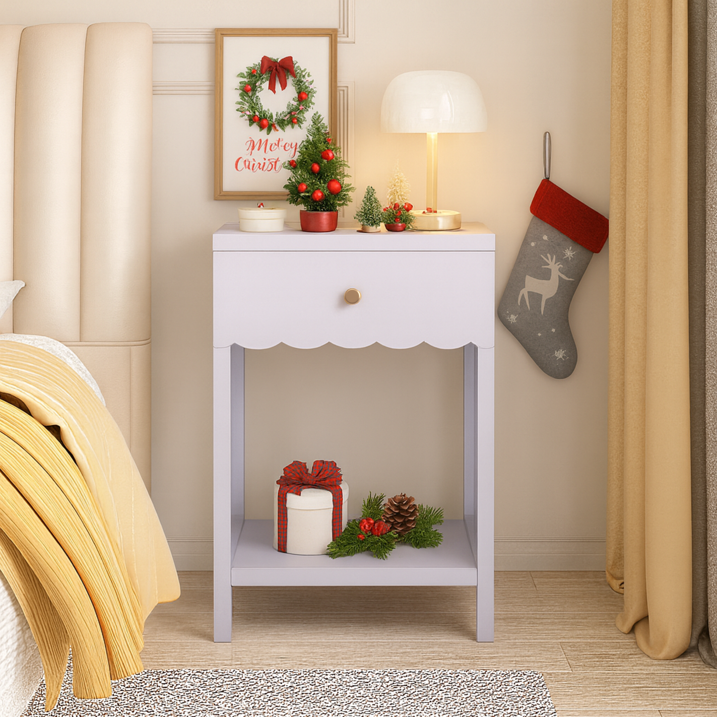 Modern  Nightstand With Drawer And Open Shelf,Scalloped Edge Bedside Table For Bedroom, Cute Minimalist Side Table For Kids Room Or Girls' Room,Light Purple