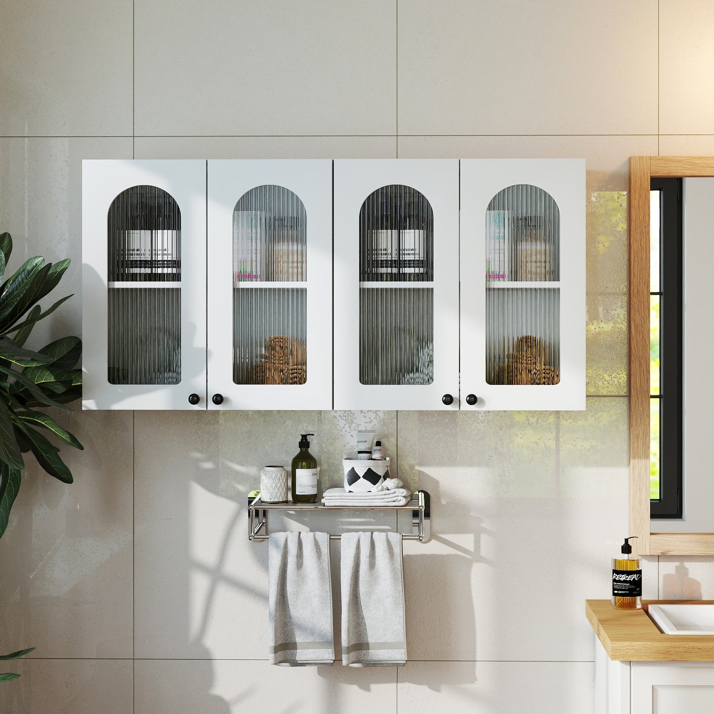 Wall Cabinet,Arched Glass Door Display Wall Mounted Cabinet, Floating Cabinet With Inadjustable Shelves For Kitchen,Bathroom,Living Room