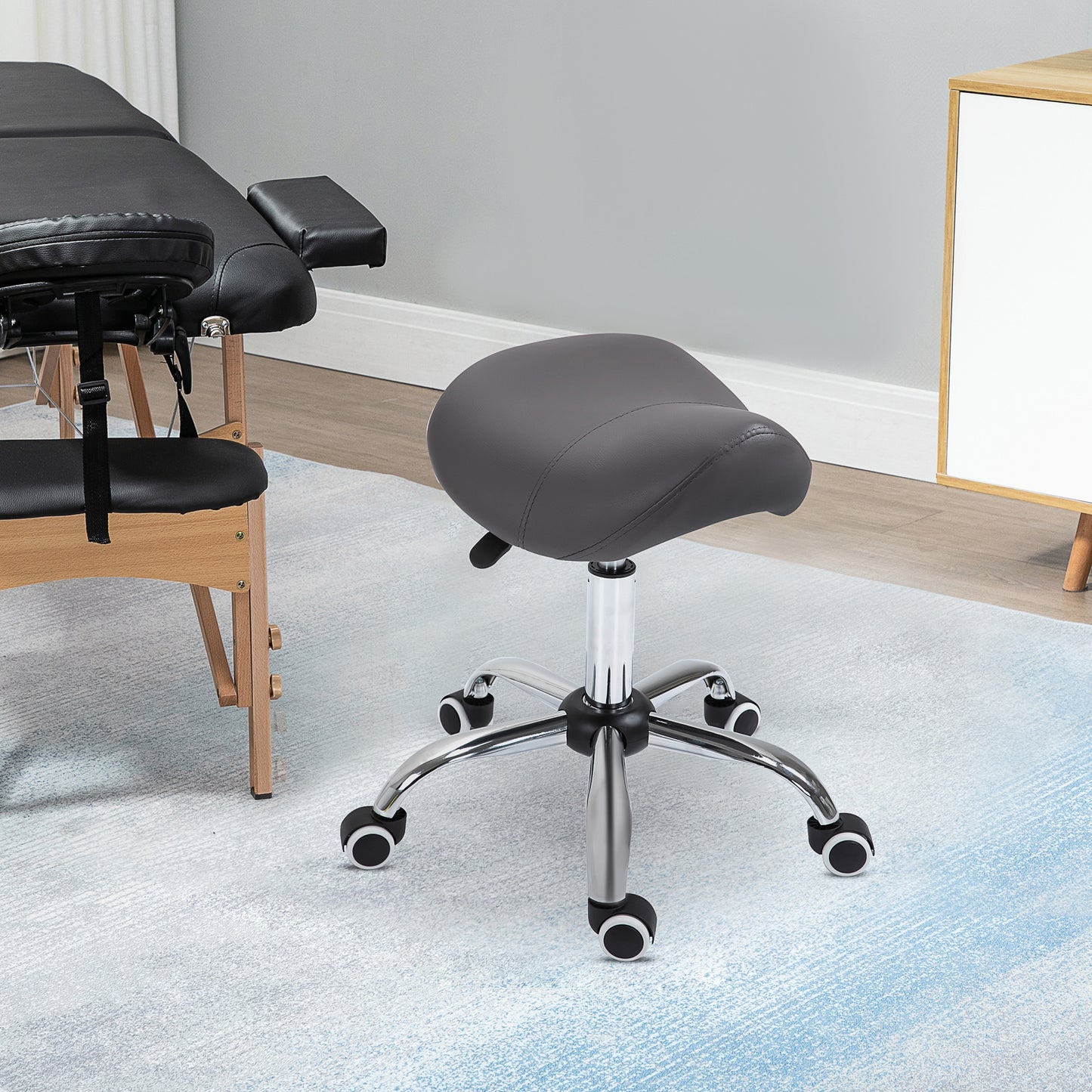Ergonomic Rolling Saddle Stool PU Leather Hydraulic Spa Stool Height Adjustable Swivel Drafting Medical Salon Chair, Gray
