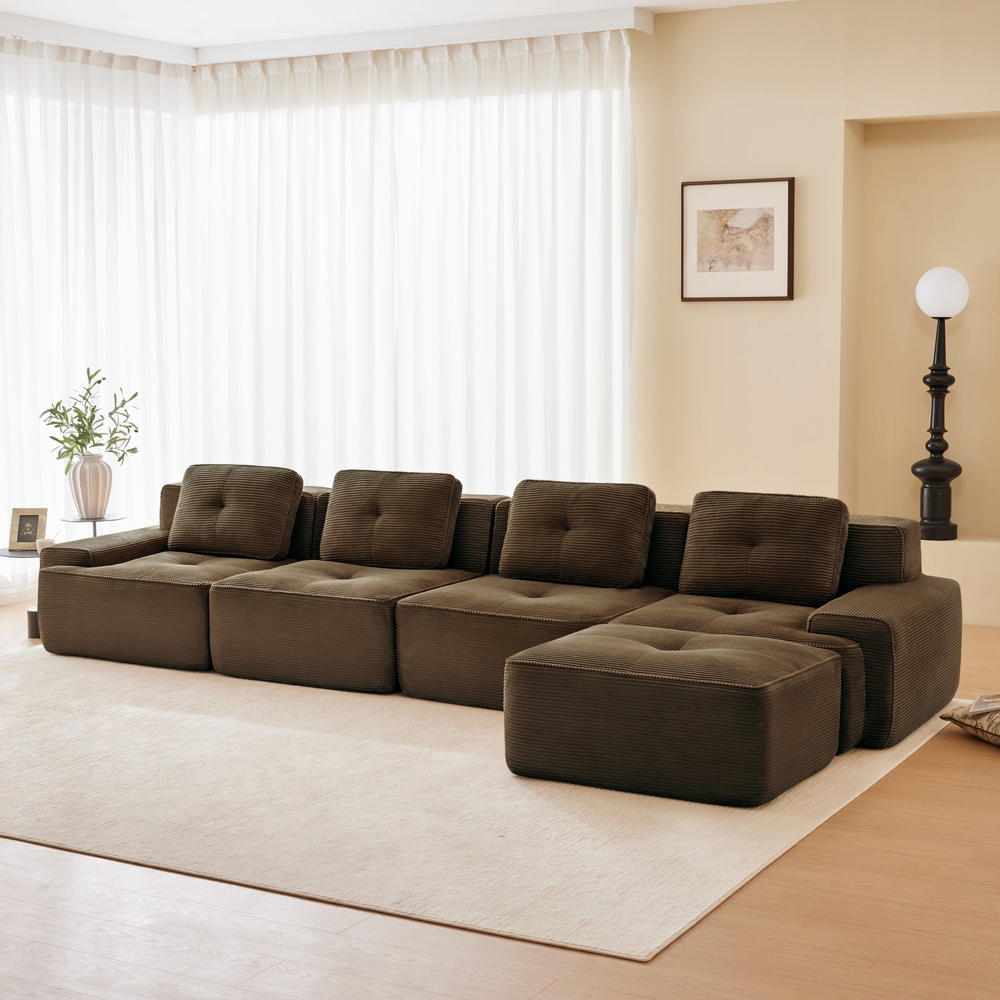 153 Modern L-Shaped Modular Sectional Sofa For Living Room, Corduroy Fabric, 4-Seater Couch With Deep Seat And Movable Ottoman, Pearl-like Piping, Tufted Design, No Assembly, Anti-slip Design,Brown