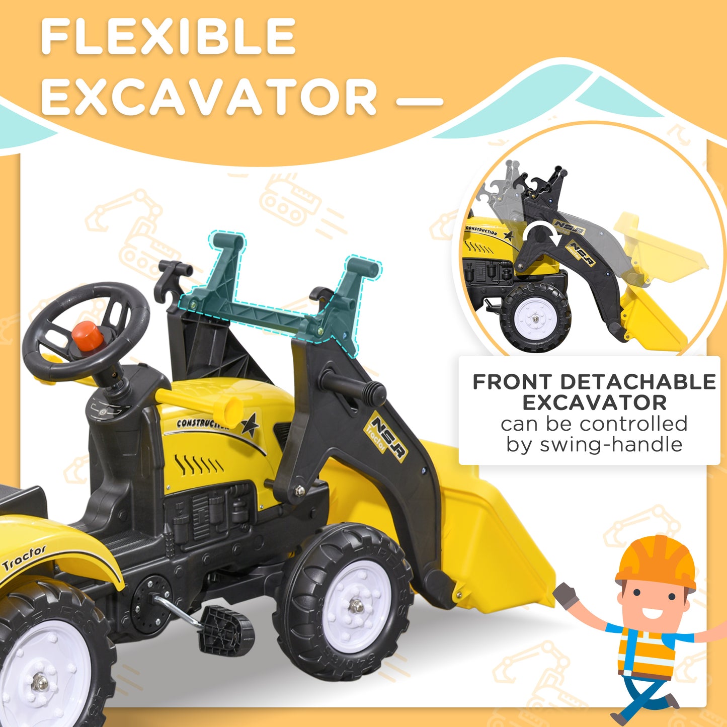 Ride-On Kids Bulldozer/Excavator Toy With Real Working Dirt Bucket, Easy Pedal Controls, 6 Wheels, & Cargo Trailer