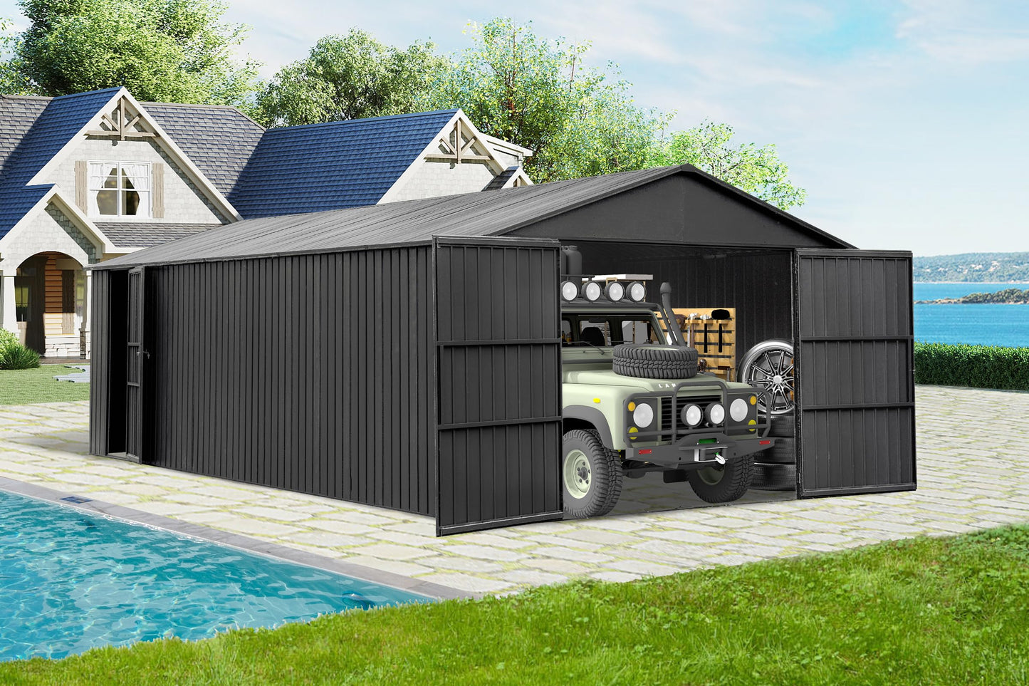 12x25FT Outdoor Metal Garage Shed, Extra Large Metal Carport With Lockable Double Hinged Doors, Heavy Duty Car Shelter For Car, Truck, Motorcycle And Lawn Equipment, Dark Grey