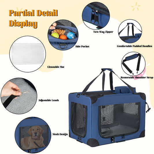 32   Soft Dog Crates Kennel, 3-Door Portable Folding Pet Carrier With Mesh Windows, Straps And Fleece Mat For Dogs, Cats, Rabbits, Meeting The Needs For Indoor, Outdoor, And Travel Use, Dark Blue