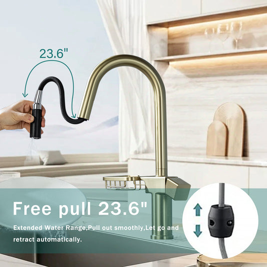 High Arc Pull-Down Kitchen Faucet - Single Hole Stainless Steel, Modern Sink Faucet Brushed Gold