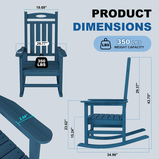 Outdoor Rocking Chair Set Of 2, HDPE Patio Rocking Chair For Adults, Oversized Outdoor Rocker For Porch Garden Lawn,Blue