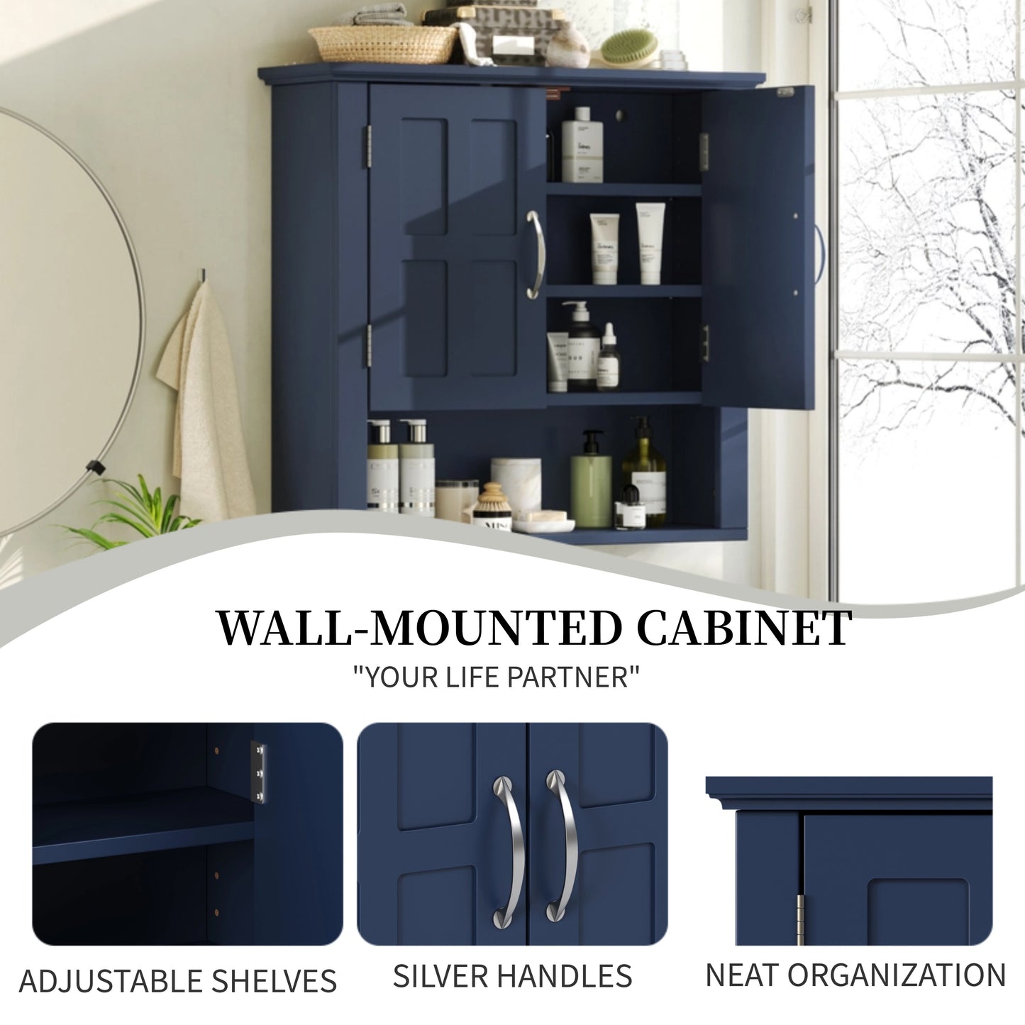 Bathroom Wall Storage Cabinet, Multi -functional Wall Mounted Cabinet With Adjustable Shelves, Medicine Cabinet For Laundry Room & Kitchen & Living Room, Blue