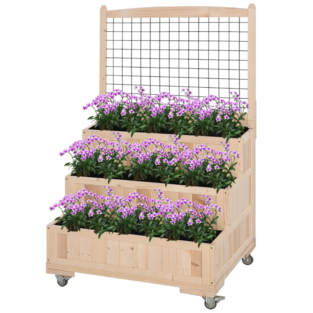 3-Tiers Raised Garden Bed With Trellis, 53'' H Vertical Planter Box With Wheels & Back Storage Area, For Flowers, Vegetables, Herbs, Natural, TIKTOK Prohibits Sales