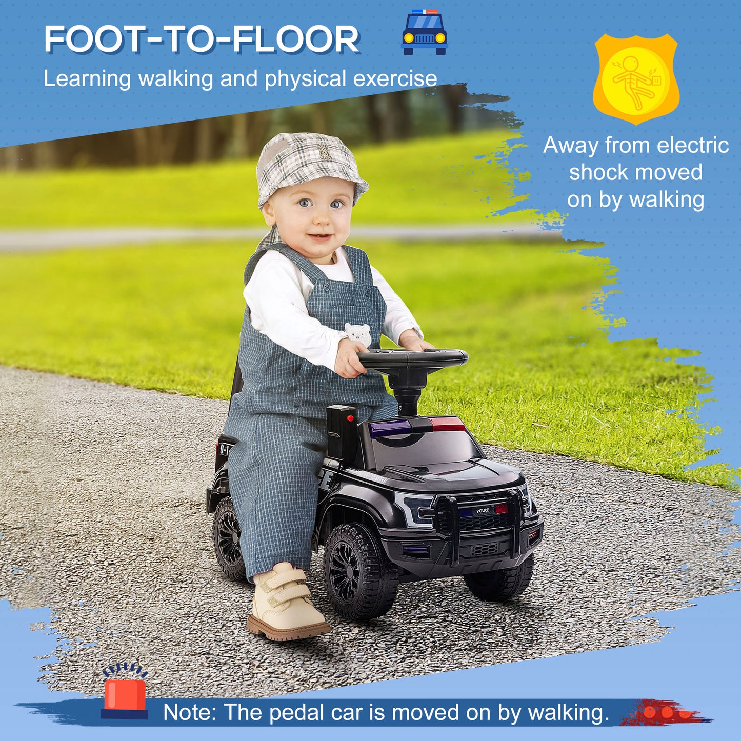 Kids Push Ride On Car With Working PA System And Horn, Police Truck Style  Foot-to-Floor Sliding Car For Boys And Girls With Under-Seat Storage, For 18 Months To 5 Years Old, Black