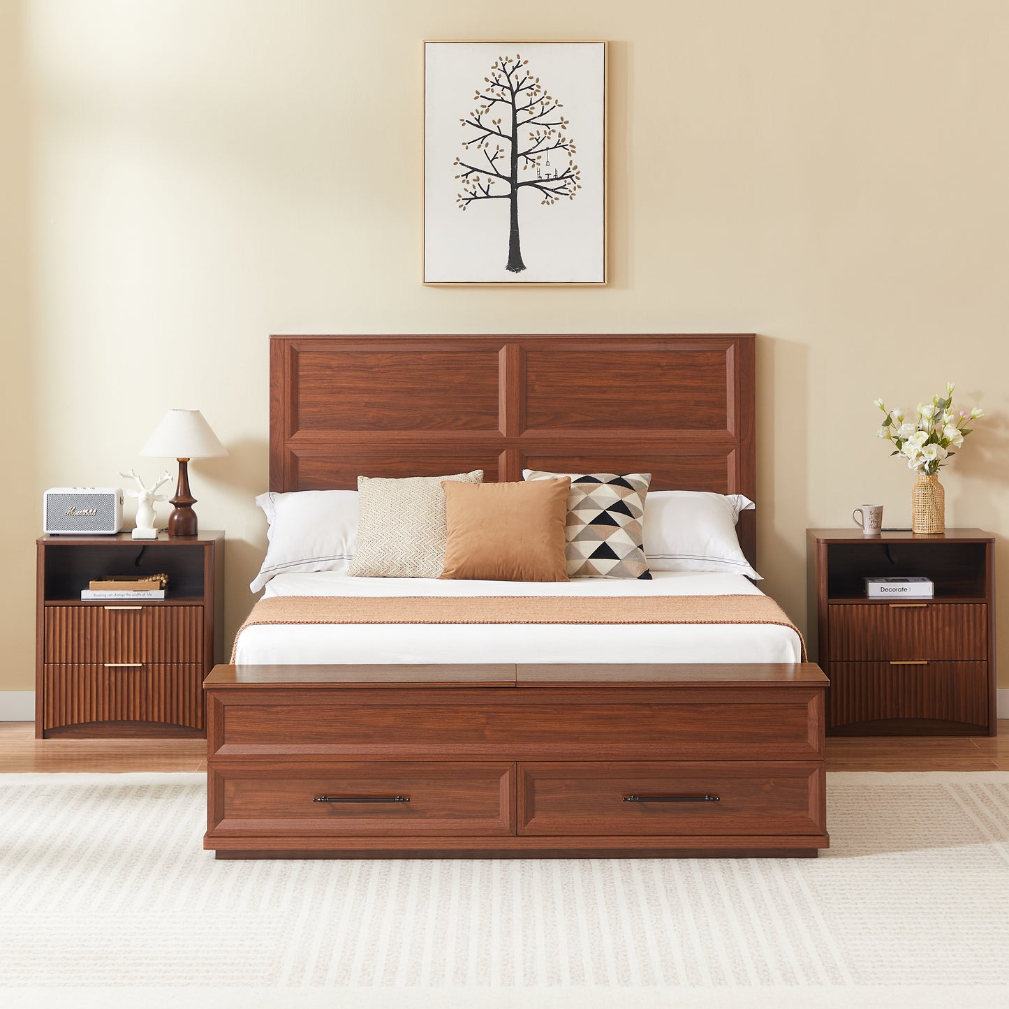 Queen Size Bed With 3D Geometric Headboard & Storage Bench - 4-Drawer Storage, Modern Bedroom Furniture, Walnut.