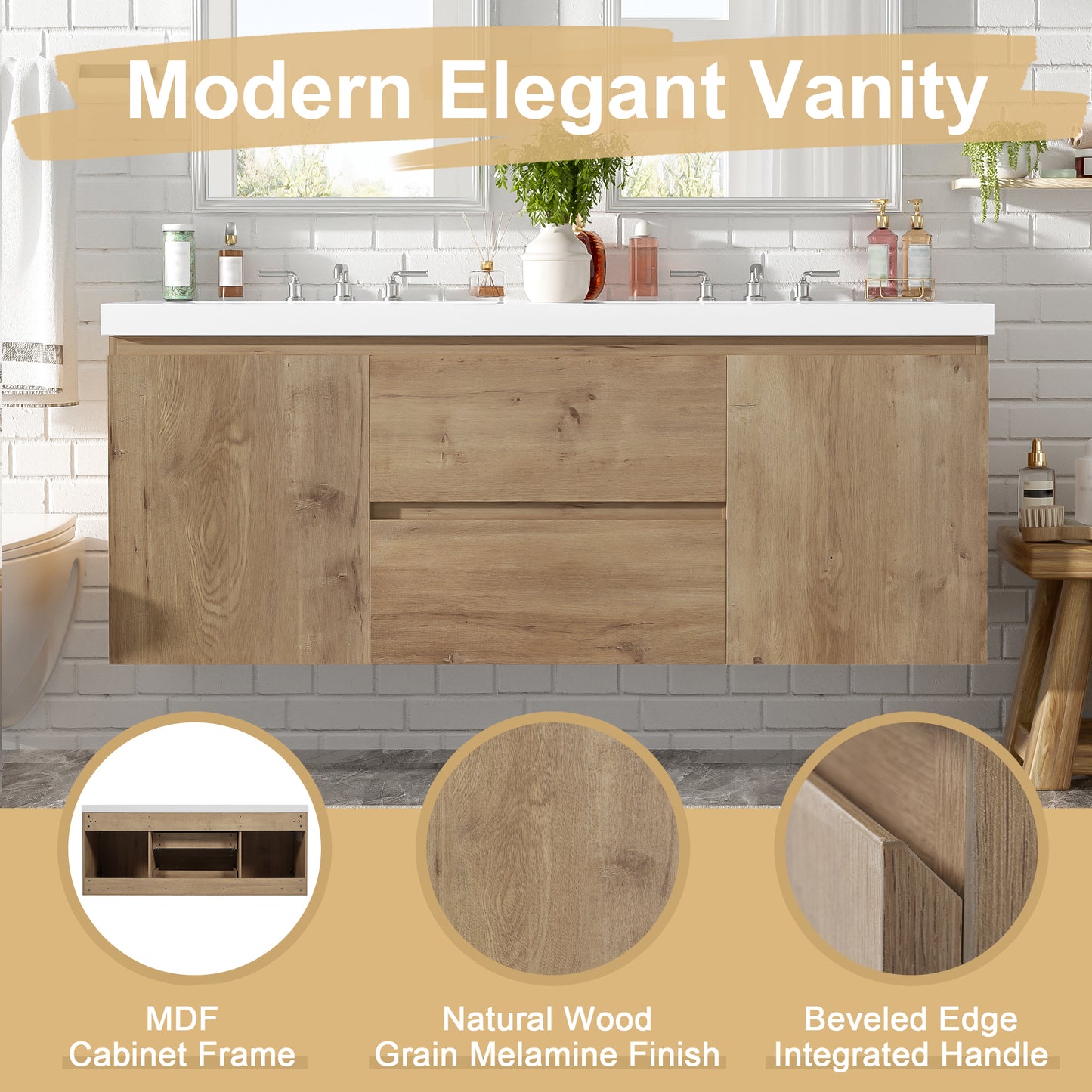 59.3 Inch Double Sink Bathroom Vanity With SMC Top, MDF Cabinet, Soft Close Doors, Divided Drawers, Wall-Mounted Modern Storage Vanity For Large Bathrooms