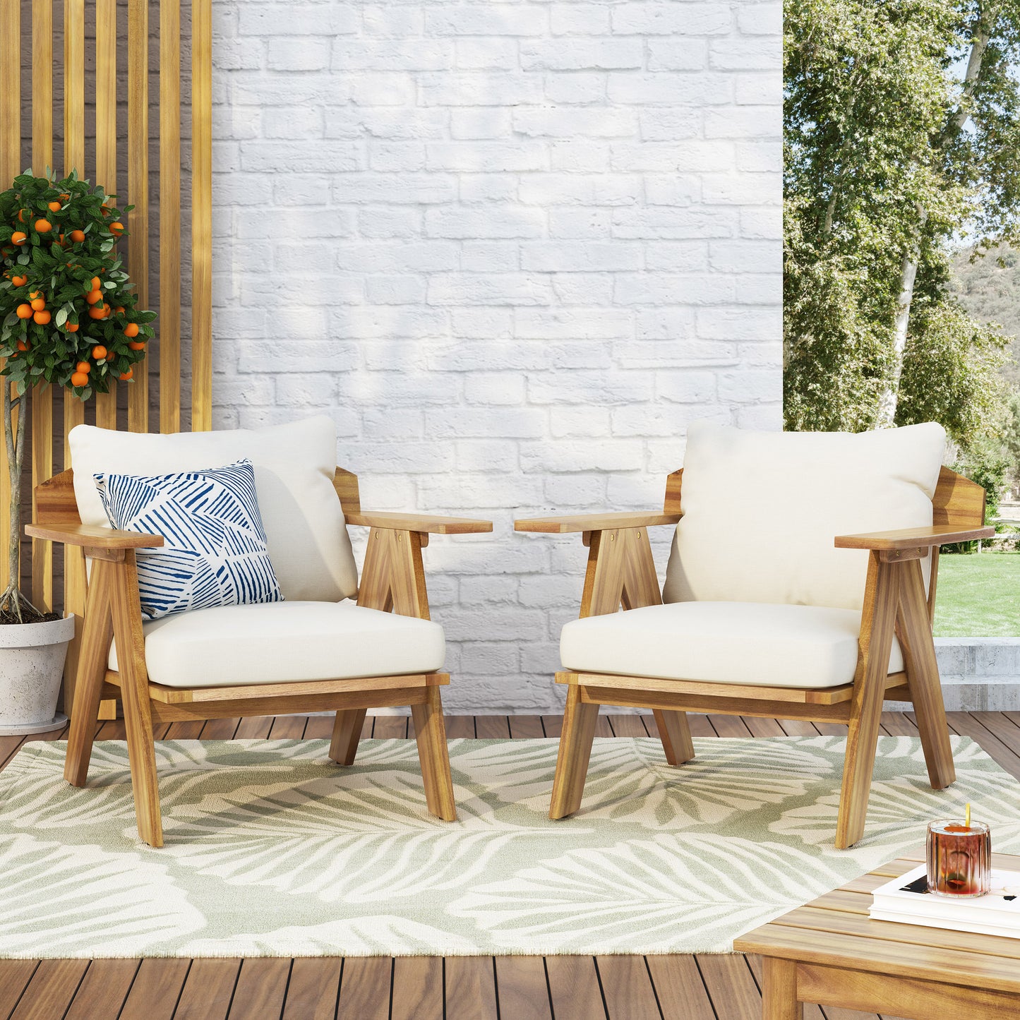 Outdoor Acacia Wood Club Chairs With Cushions  Set Of 2 , Teak Finish  Beige, 30.75 W X 30.25 D X 26.00 H