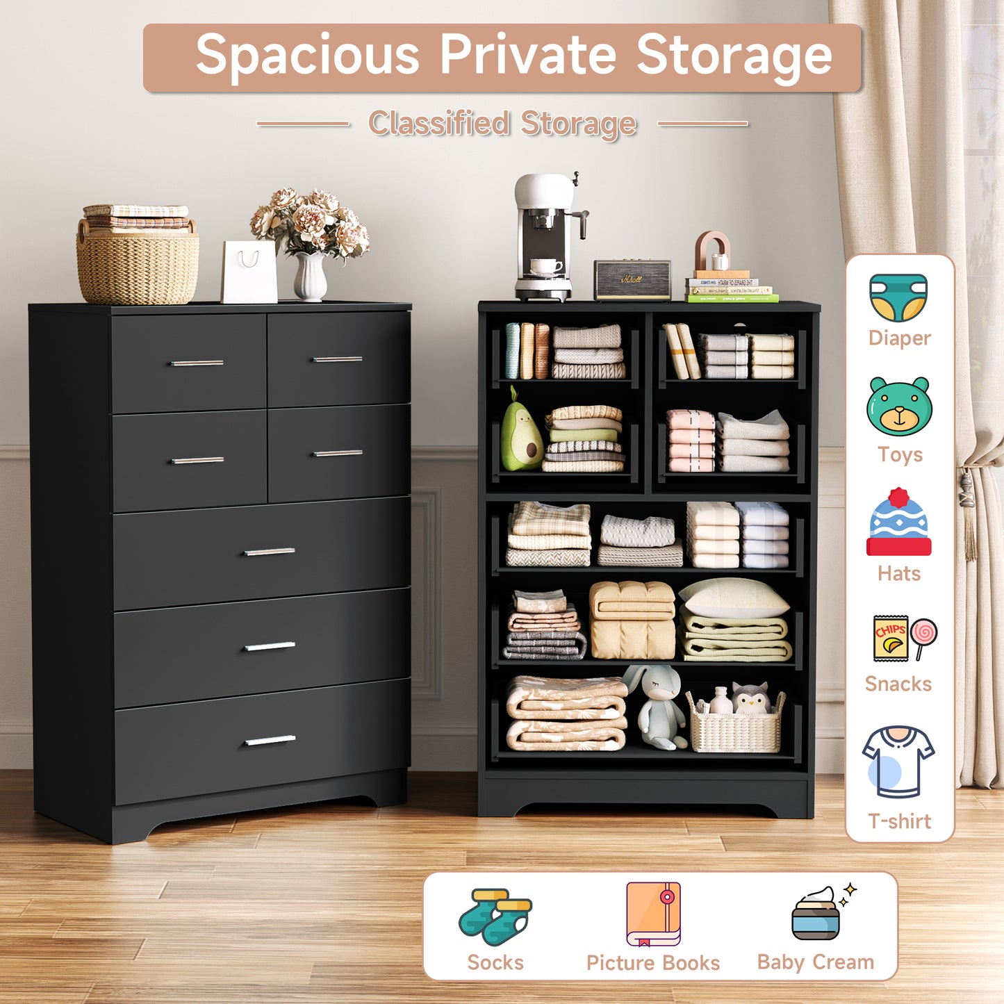 Wooden 7-Drawer Storage Cabinet With Built-In Outlet Durable Organizer For Bedroom, Living Room, And Office