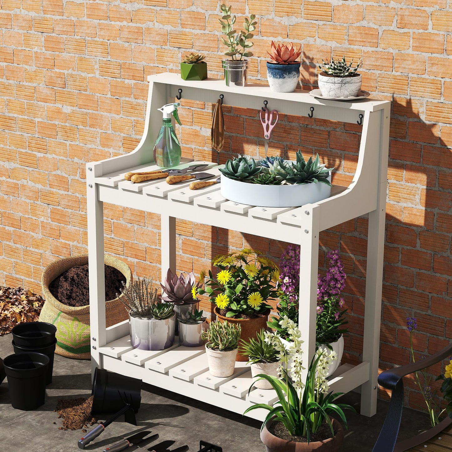 Potting Benches For Outside, HDPE Garden Potting Table All Weather, Outdoor Potting Table With Storage For Patio, Backyard, Garden, White