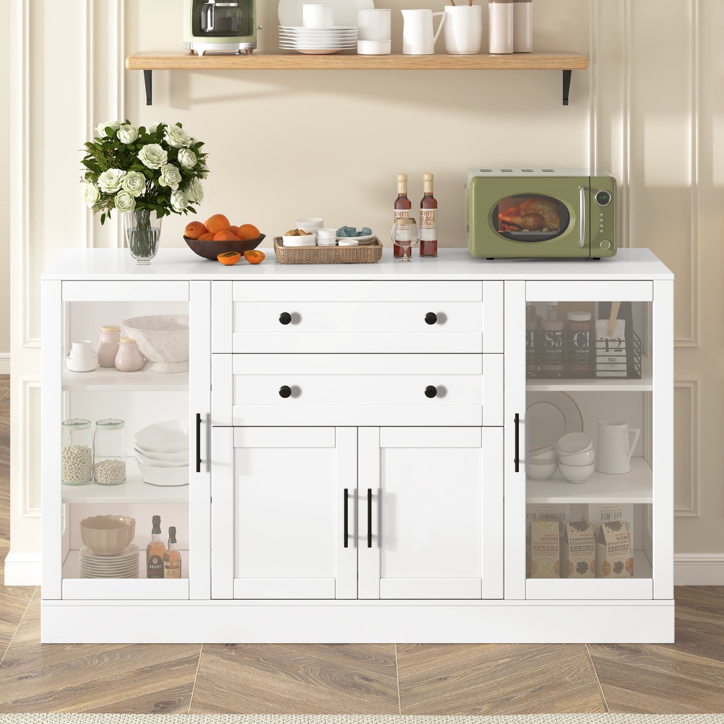 U- Style 58.3  Modern Buffet Sideboard With 4 Doors & 2 Drawers  Adjustable Shelves  Power Outlet  Acrylic Panels  Aluminum Alloy Handles  Storage Cabinet For Dining Room  Living Room And Kitchen