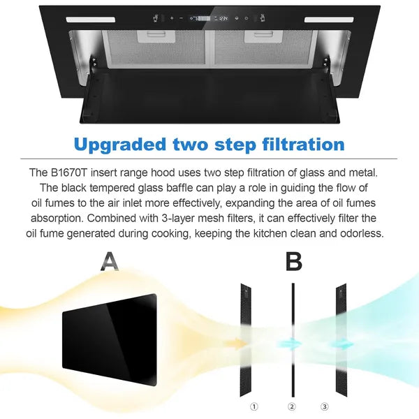 Range Hood Insert 30 Inch 800 CFM, Built-in Vent Hood Black Glass Gesture & Touch Control Kitchen Exhaust Fan, Mesh Filters Recirculating Stove Hood Dual LED Lights Ducted/Ductless Convertible