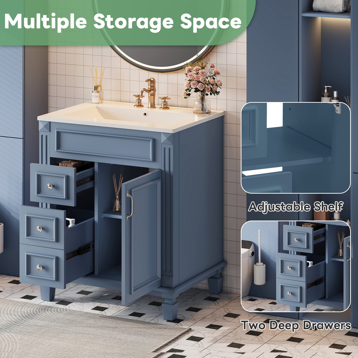 24   Bathroom Vanity With Ceramic Sink, Small Bathroom Sink Cabinet, Modern Cabinet With 2 Drawers And Adjustable Shelf