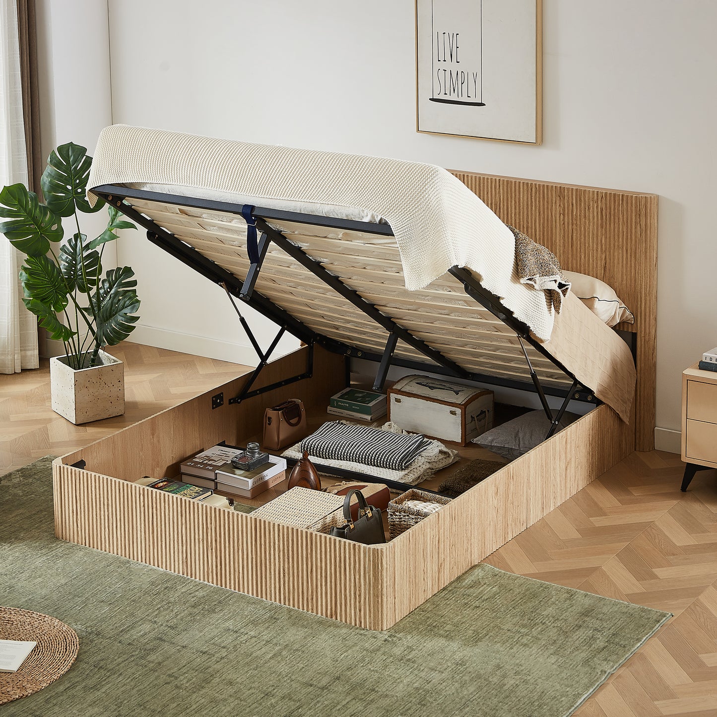 Queen Size Lift Up Storage Bed Frame, Wooden Corrugated Curved Lines, Hydraulic Storage No Box Spring Needed, Oak.