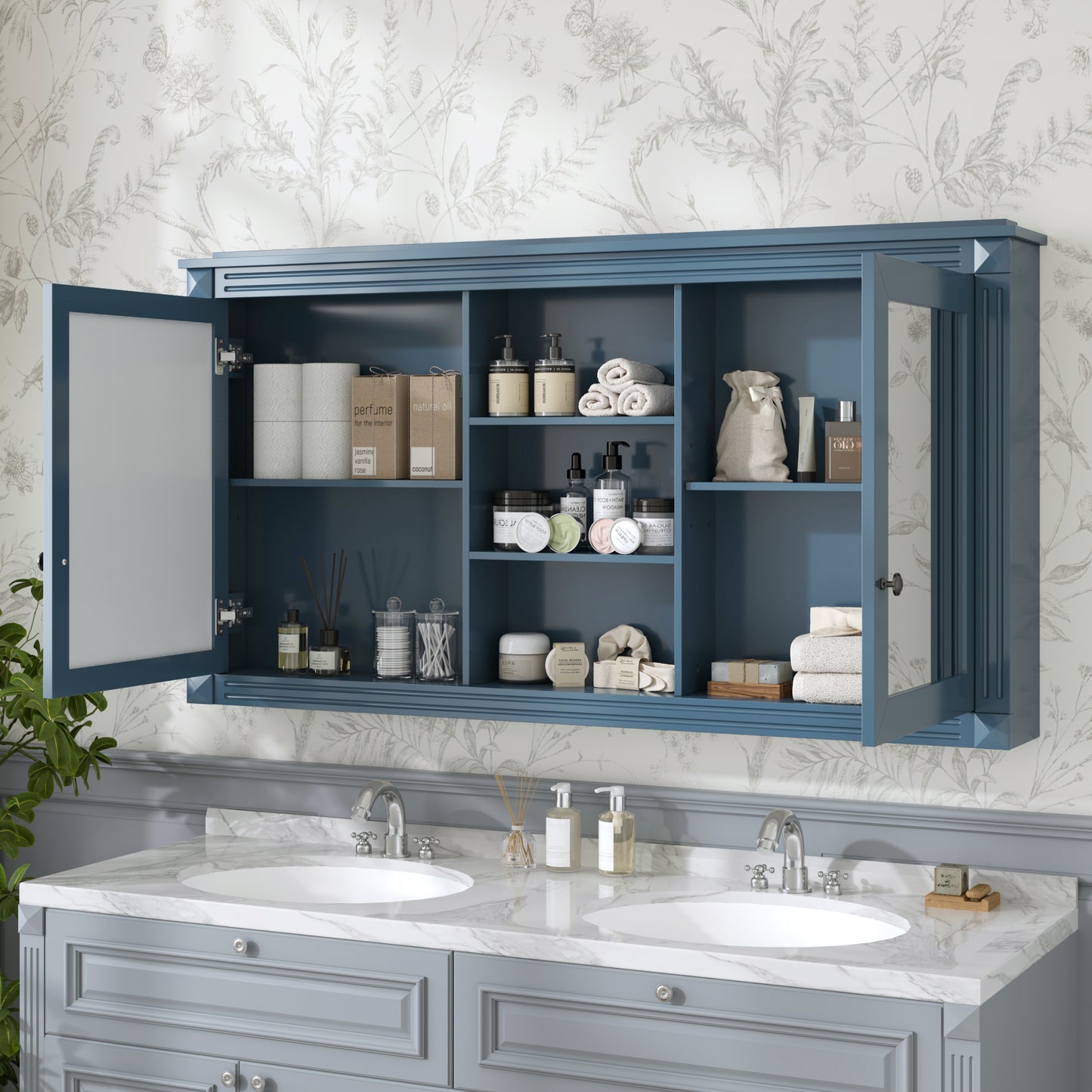 55 Inch Wall-Mount 2-in-1 Mirror Cabinet With Adjustable Shelves, Soft-Closing Hinges, High-Definition Mirrors, For Bathroom Vanity, Living Room, Bedroom Storage Organizer
