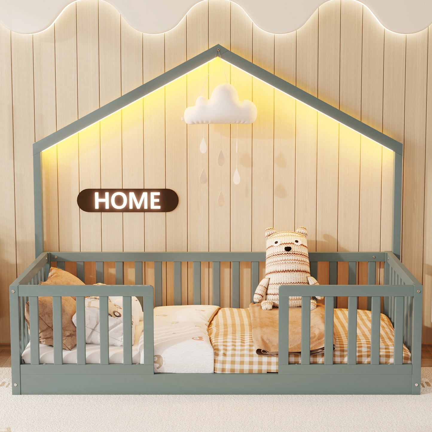Twin Floor Bed With High Rails, Wooden Montessori Bed With Light For Kids, Boys And Girls ,GrayExpect Arrival Date 2026 3 16