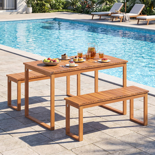 3 Pieces Acacia Wood Picnic Set With Outdoor Dining Table And 2 Benches For 4 People For Patio, Garden, Yard, Or Poolside Use
