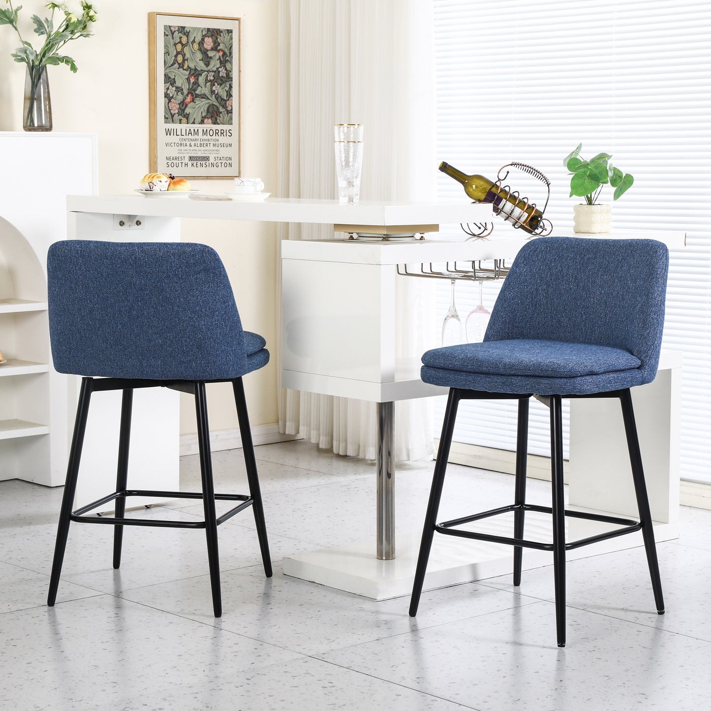 Counter Height Swivel Bar Stools Set Of 2, 360 Swivel Upholstered Barstools With Back And Metal Legs, 25.6 Seat Height,Counter Stools For Kitchen Island And Pub,Linen Cloth,Blue Linen