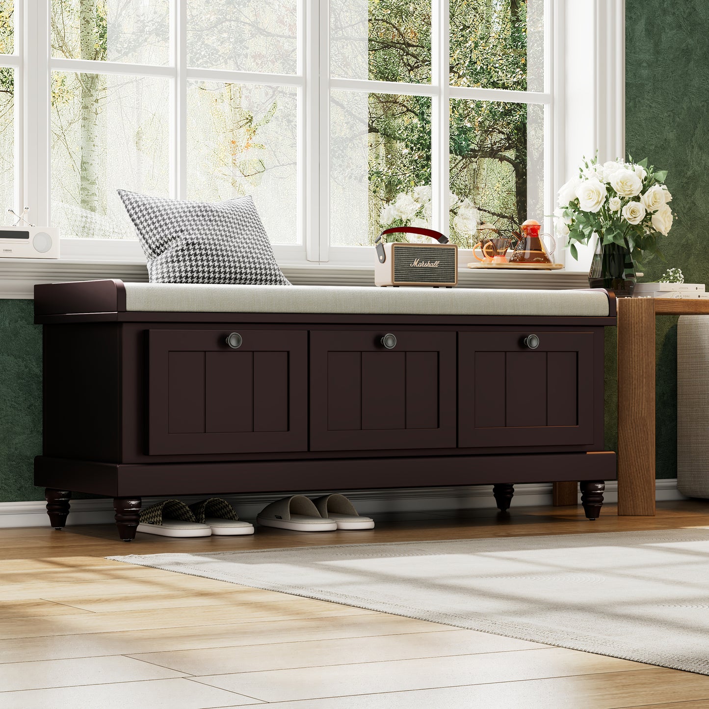 TREXM Classic Shoe Bench With Cushion And Three Drawers  Fluted Entryway Bench With Storage For Living Room  Entryway  And Hallways  Espresso  OLD