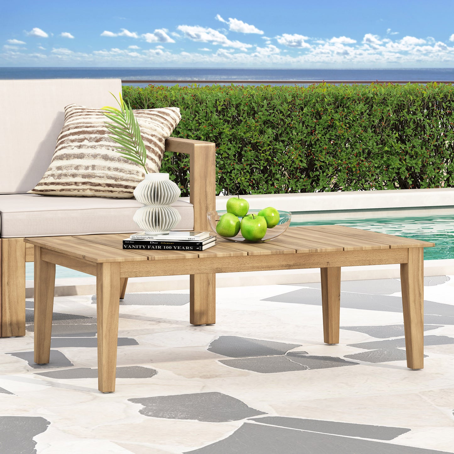 Acacia Wood Outdoor Coffee Table, Light Brown, 14 H X 23.5 W X 39.5 L