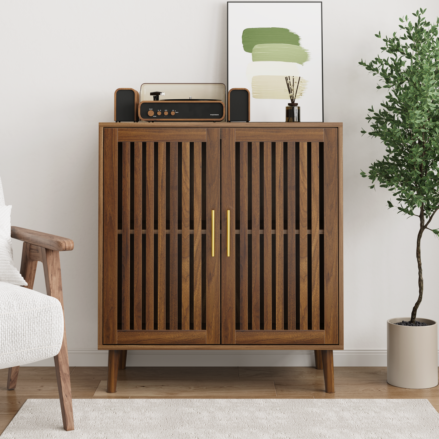 Sideboard Buffet Cabinet With Storage,  Farmhouse Buffet Cabinet With Louvered Doors, Wood Coffee Bar Storage Cabinet For Kitchen, Dining Room, Living Room, Entryway, Walnut,31.5 W