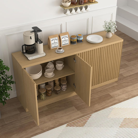 Buffet Cabinet With Storage, 62.60 Sideboard Cabinet With 4 Doors & Shelves, Wooden Kitchen Coffee Bar Credenza Storage For Living Room, Hallway Natural