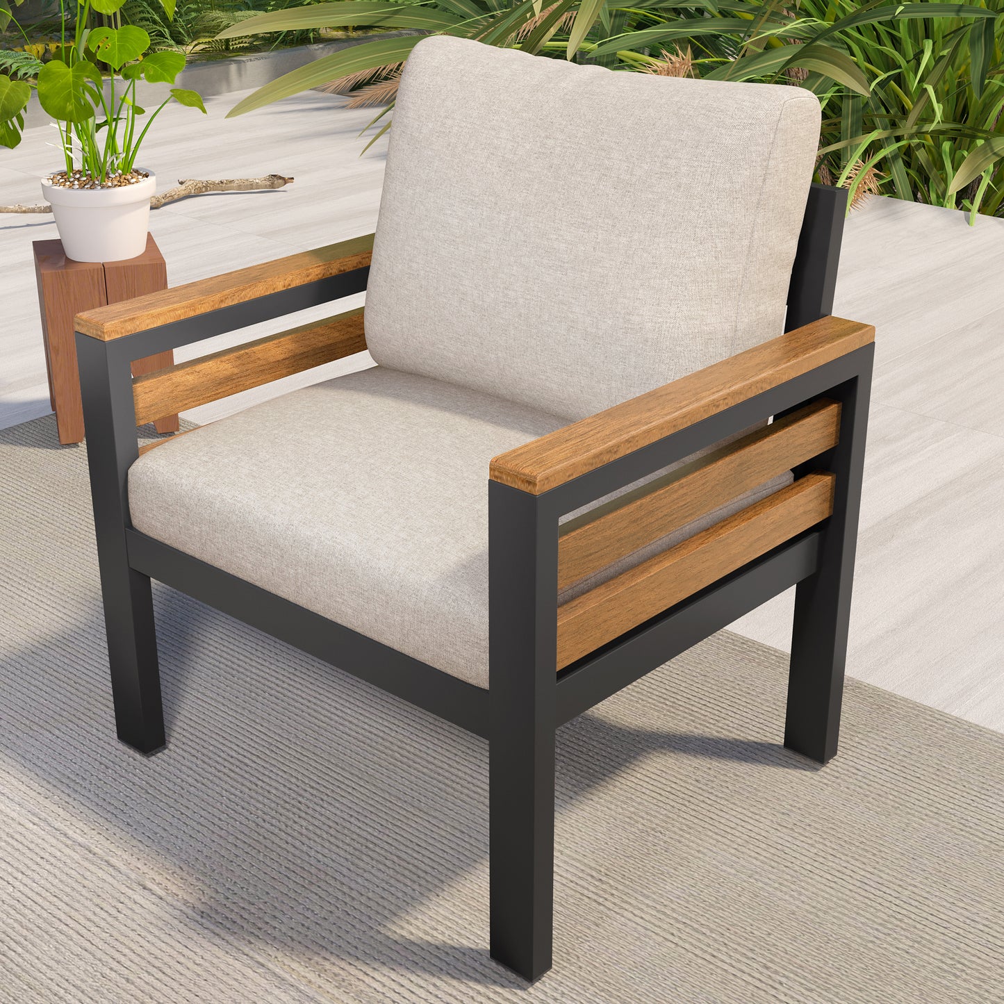 GO 4-Piece Outdoor Furniture Sofa Set For 5 People With Acacia Wood Armrests, Patio Conversation Set With Removable Cushion And Solid Wood Coffee Table For Garden,Beige
