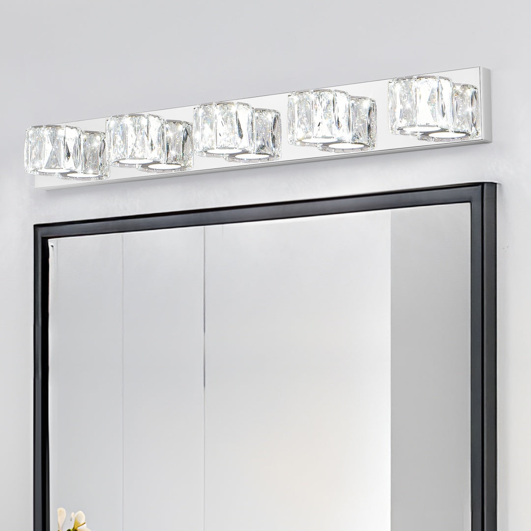 35  Modern Crystal 5-Light LED Wall Sconce -Elegant Chrome Bathroom Vanity Light With Clear Crystal Shades For Bathroom, Bedroom, Or Hallway