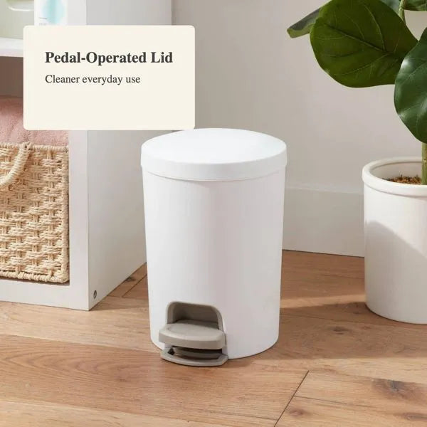 1.6 Gallon Round Step Trash Can, Compact Pedal-Operated Lid, Small Bathroom Bin, Textured White Finish