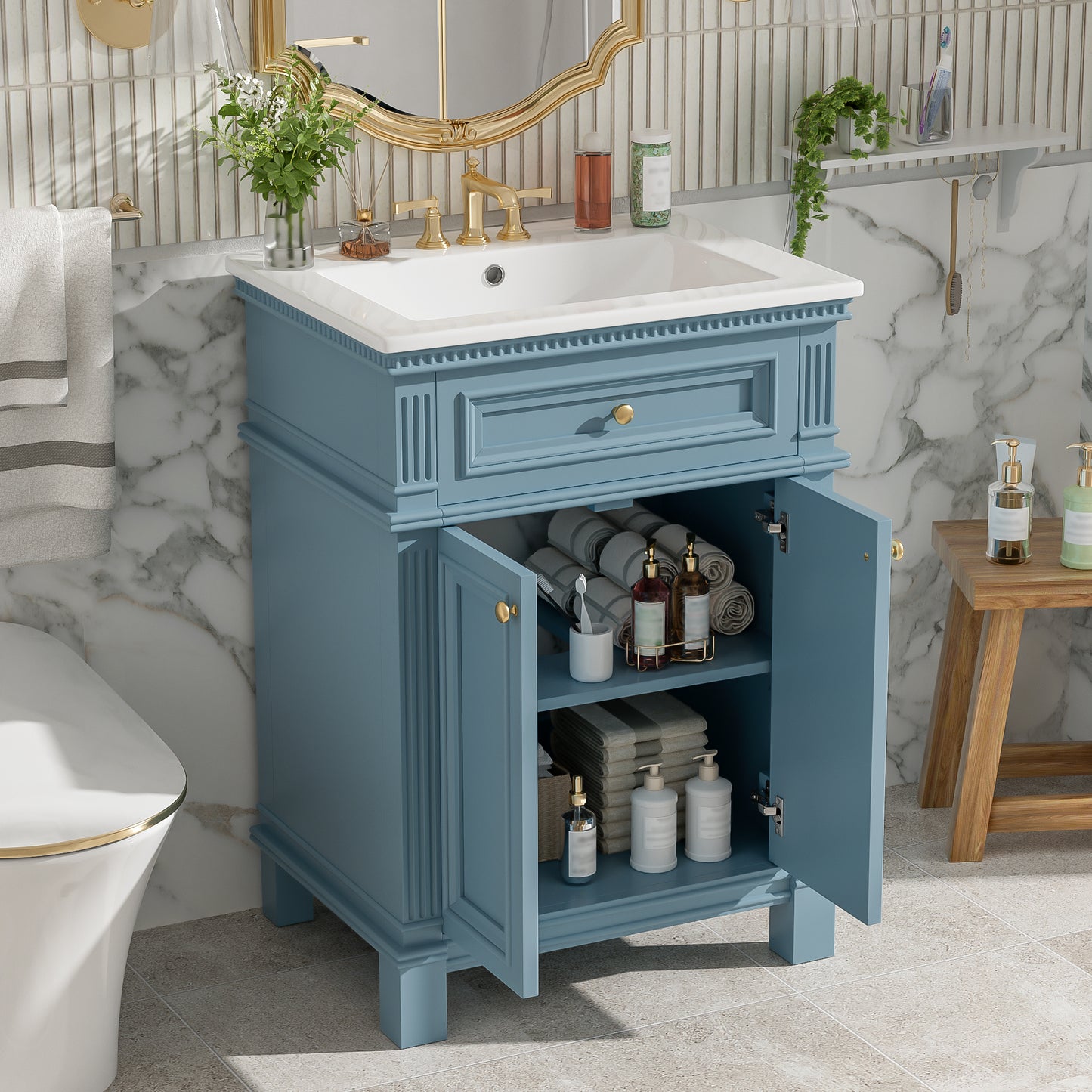 24   Vintage Elegance Bathroom Cabinet With Soft Closing Doors And Adjustable Shelf, Bathroom Vanity With Ceramic Sink
