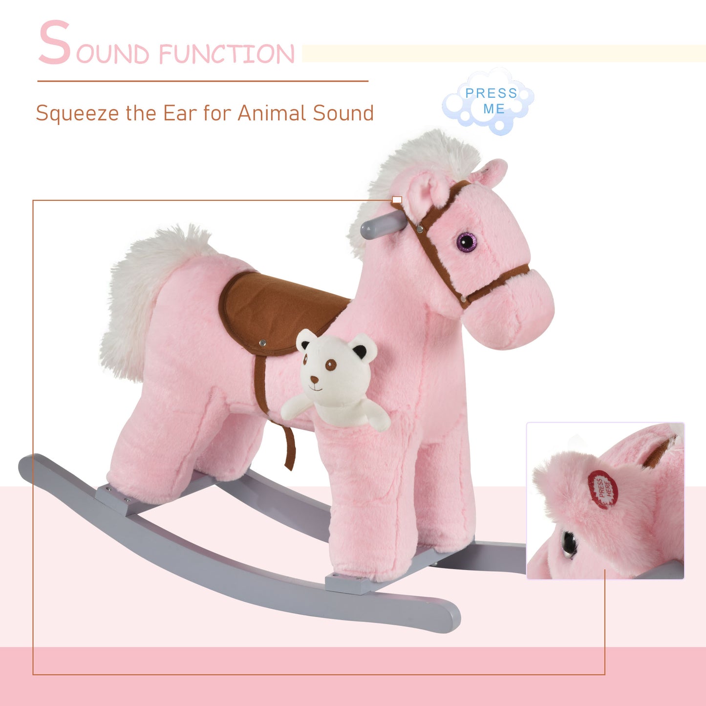 Kids Plush Ride-On Rocking Horse With Bear Toy, Children Chair With Soft Plush Toy & Fun Realistic Sounds, Pink
